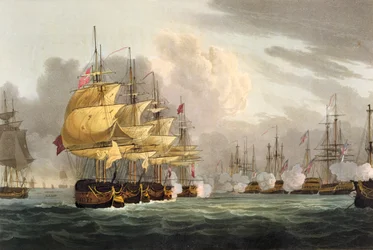 コペンハーゲン前のデンマーク艦隊の破壊、1801年4月2日、ベイリーによってJ.ジェンキンスの「海軍の成果」のために刻まれた、1816年（カラー彫刻）